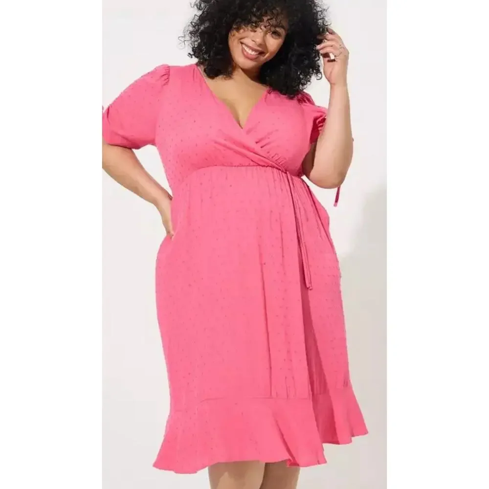 Torrid Pink Midi Swiss Dot Faux Wrap Dress Sz 4X Ruffle Hem